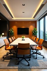 Fototapeta premium Sleek conference room with modern decor, organized tables & chairs, design, interior, contemporary
