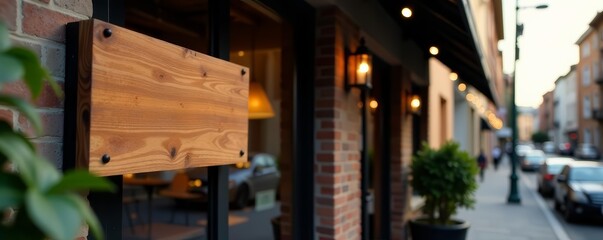 Sleek wooden signage on contemporary eatery exterior, sign, facade, stylish