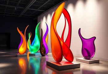 Sleek, vibrant abstract sculptures in a modern gallery, bathed in ambient light, shapes, minimal