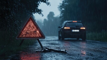 A dark, rainy road scene with a damaged traffic sign.