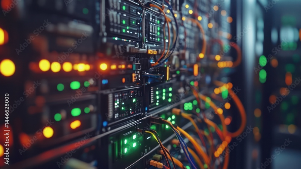 Poster close-up view of a server rack, showcasing intricate network components, glowing leds, and colorful 