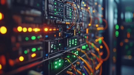 Fototapeta premium Close-up view of a server rack, showcasing intricate network components, glowing LEDs, and colorful cables, suggesting high-tech data center infrastructure