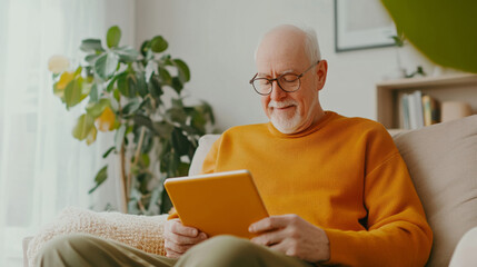 Elderly man engaged in cognitive exercise using digital tablet for brain health