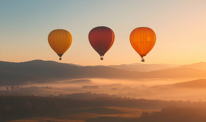 Fototapeta premium Three hot air balloons floating over a serene, misty valley at sunrise. Warm, golden light