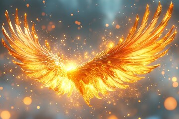 Fiery wings spread, sparks fly, dark background, fantasy art