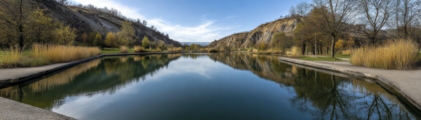 A pristine lake reflecting blue sky, untouched nature, tranquil scene, environmental conservation - abstract background design seamless