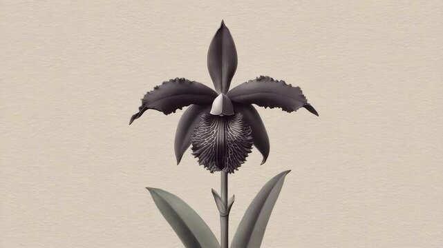 Exotic orchid flower with vintage engraving style featuring detailed petals and leaves, showcasing elegant botanical design and natural leaf texture