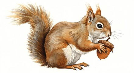 Obraz premium Watercolor painting of a squirrel with a bushy tail holding an acorn against a white backdrop.