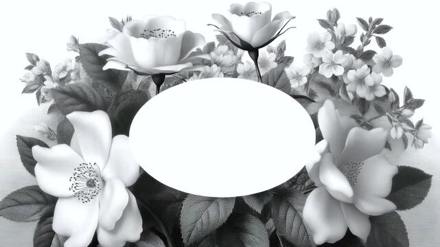 Monochrome engraved floral frame decorative border with detailed leaves and roses surrounding empty oval space for text or design