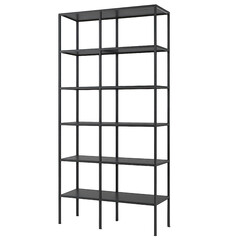 Sleek contemporary black metal tall shelving unit featuring five open tiers for diverse storage needs.