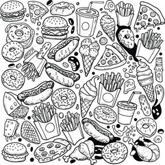 Black and White Doodle Pattern of Fast Food
