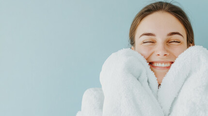Woman enjoying fresh scent of clean laundry with joyful expression