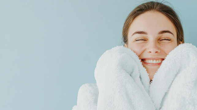 Woman enjoying fresh scent of clean laundry with joyful expression