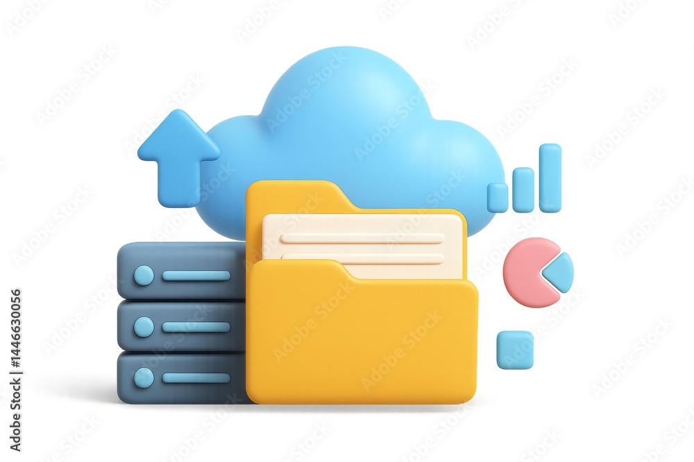 Poster colorful 3d cloud data concept with server and file icons