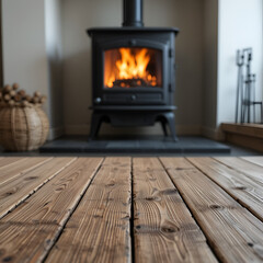 Rustic planks, wood burning stove in the background