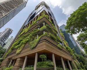 Modern glass building, abundant vertical garden, sustainable design - texture pattern background