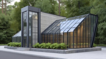 Modern greenhouse structure, abundant vegetation, small-scale farming - glass horticulture hydroponic sustainable seedlings