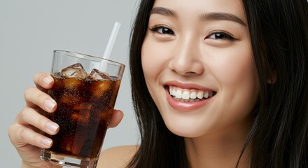 Radiant smile of a young woman holding a refreshing cola drink w