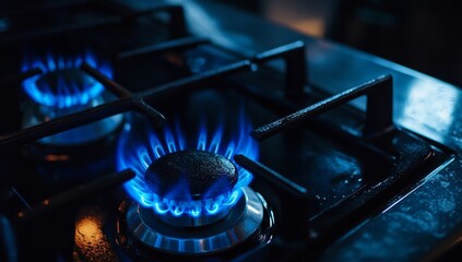 Two gas burners on a stovetop are lit