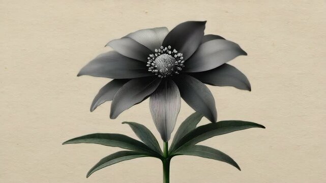 Stylized anemone flower with detailed petals and leaves vintage botanical etching style, natural elegance and classic beauty with dark petals