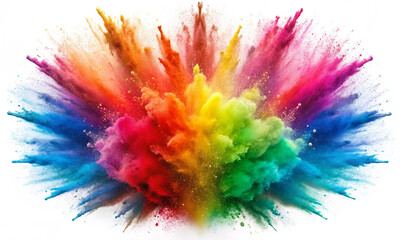 Rainbow dust powder explosion transparent PNG, isolated background. Dynamic blast eruption, vibrant colorful effect, party, celebration, festival, color run element 