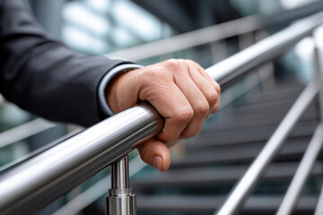 Professional person in business attire firmly holding stainless steel handrail on modern staircase, conveying confidence and determination in office environment