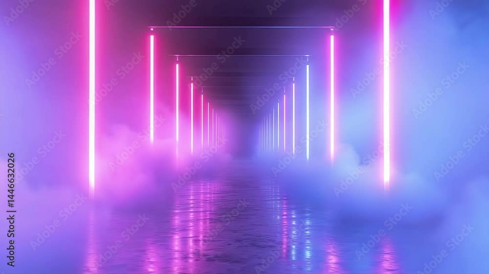 Poster cyberpunk corridor start with a sleek corridor filled with swirling fog in vibrant pink and blue, il