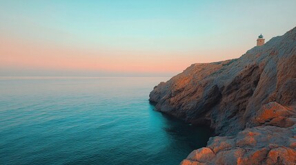 Peaceful coastal landscape at dawn with a solitary lighthouse.