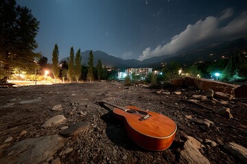 Acoustic Guitar under Starry Night Sky with Mountain View.