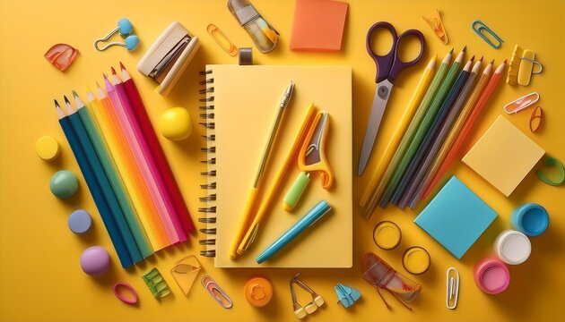 Colorful school and office supplies arrangement on yellow backdrop