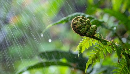 しとしとと降る雨の中、静かに揺れるシダ植物、その穏やかな揺れが心を落ち着ける瞬間

