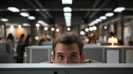 Fototapeta premium Man with wide eyes peeks over cubicle wall in busy office environment, creating curious and slightly anxious atmosphere. background shows blurred coworkers and office lighting