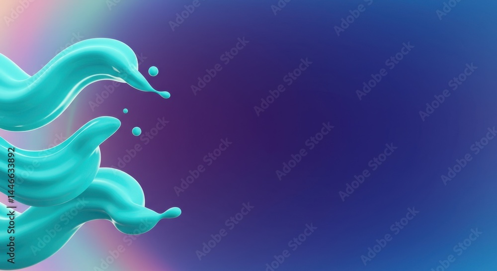 Poster abstract teal liquid splashes against a deep purple gradient background: a 3d rendered dynamic desig