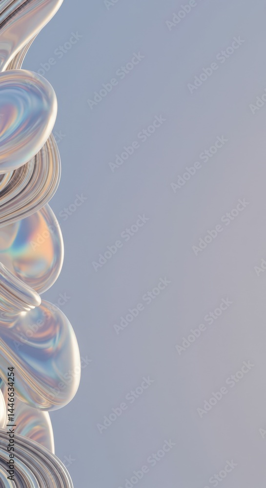 Poster abstract 3d render: iridescent fluid forms against a soft lavender background