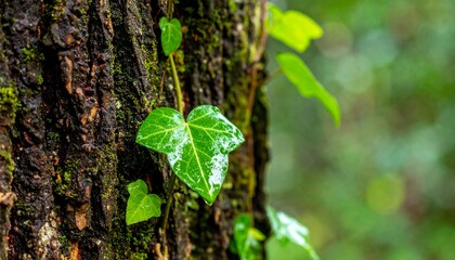 濡れた木の幹に這うツタ植物、水を吸って張りのある葉の表情を捉えた生命力あふれる瞬間

