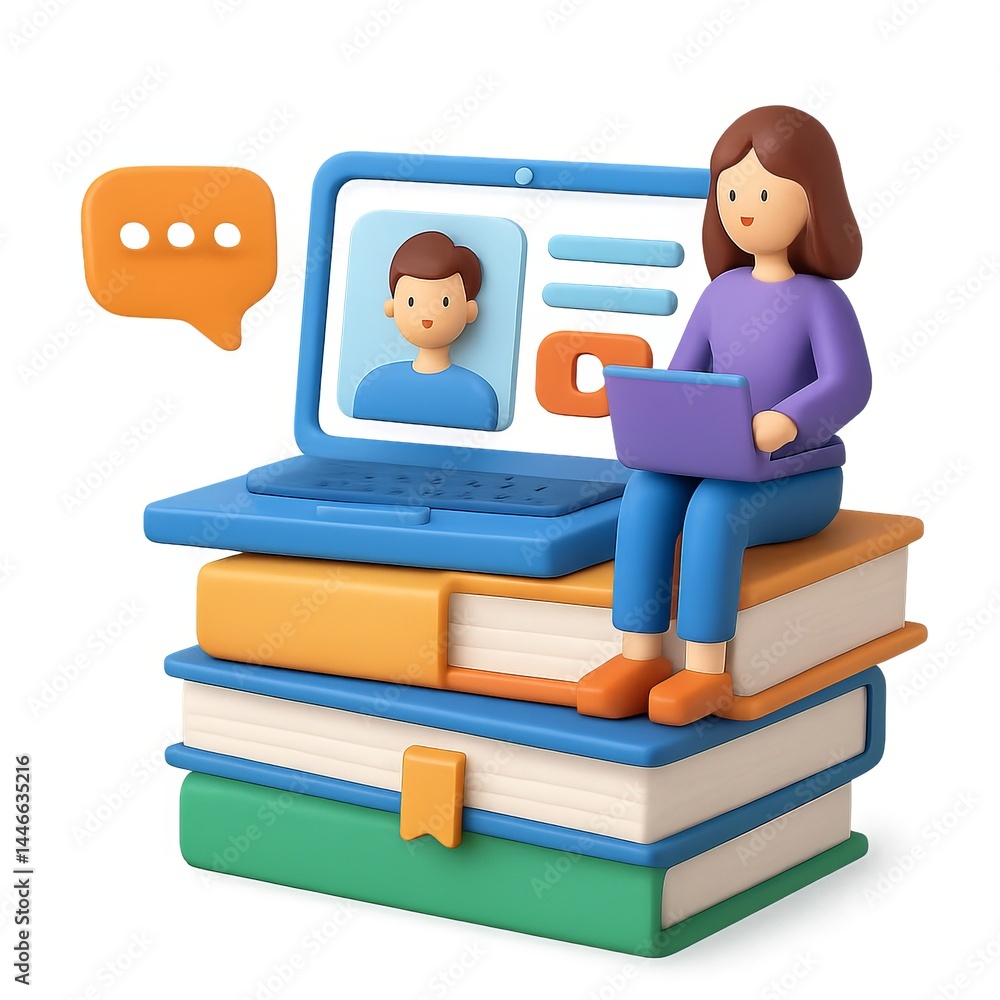 Poster creative virtual learning stack with cartoon characters and laptops