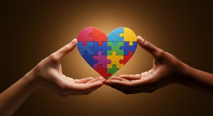 Two Hands Holding Colorful Puzzle Heart on Brown Background
