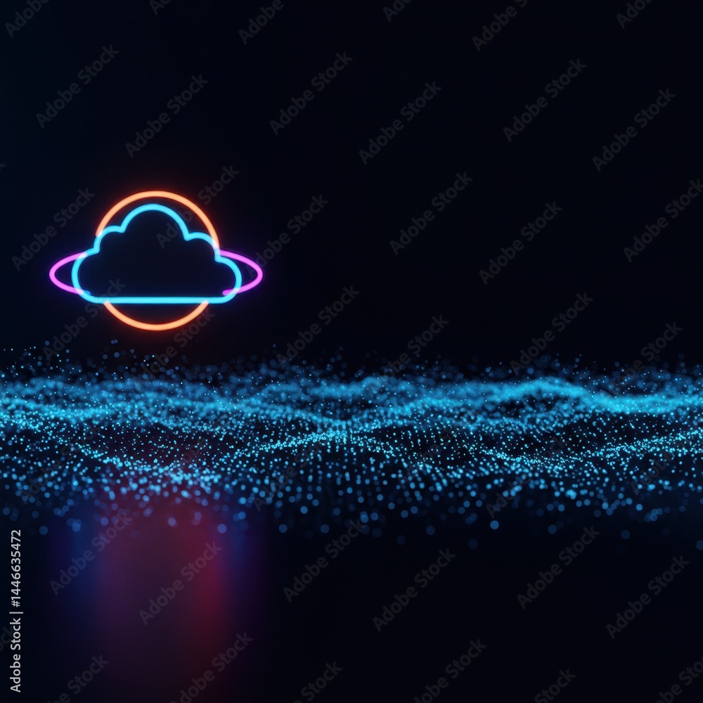 Poster neon cloud computing symbol over digital data wave abstract technology background