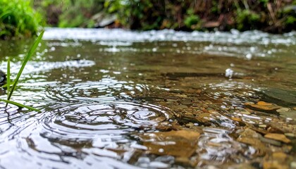 Obraz premium 雨が小川のせせらぎに打ち、波紋が水面に広がる様子が繊細で美しいディテールに映し出される