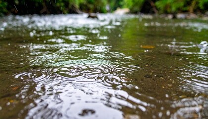 Fototapeta premium 雨が小川のせせらぎに打ち、波紋が水面に広がる様子が繊細で美しいディテールに映し出される