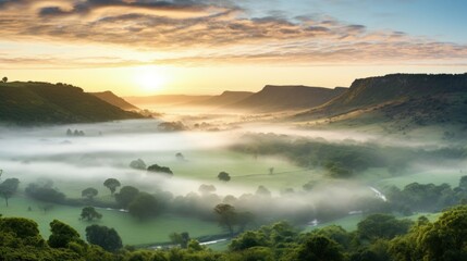 Fototapeta premium Misty Grass Valley Sunrise With Plateau Hills