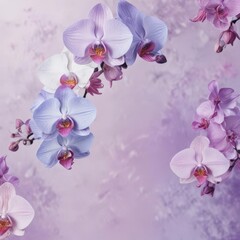 Delicate blue watercolor wash backdrop, vibrant Phalaenopsis orchids in various shades of purple, pink, and white , nature, vibrant