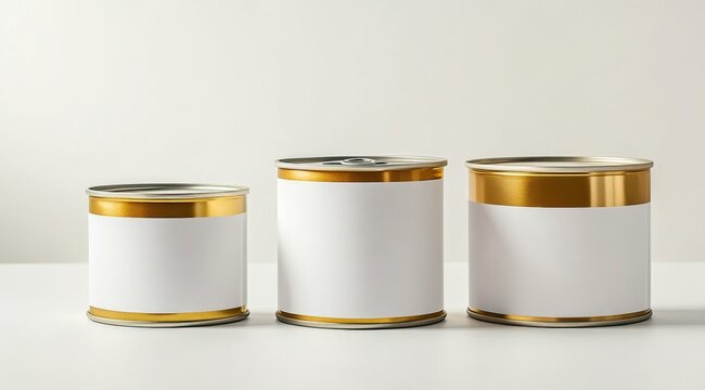 Three food cans with blank white labels and gold accents