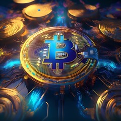 Blue Bitcoin symbol in golden circuit board with streaming energy