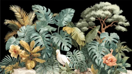 Handdoek met foto Jungle Lush Tropical Paradise  Bird  Monstera  Palm Leaves  Floral  Nature Scene  © Narongsag