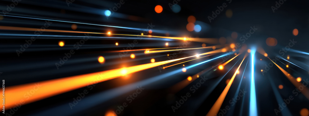 Wall mural abstract digital background with blue and orange light streaks and glowing particles creating dynami