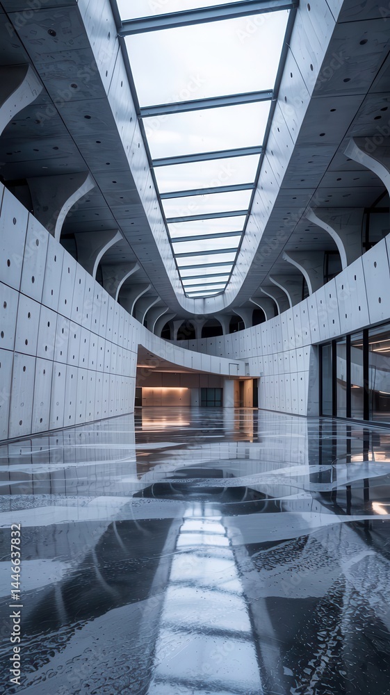 Poster geometric architecture with symmetrical lines and reflections, modern structure