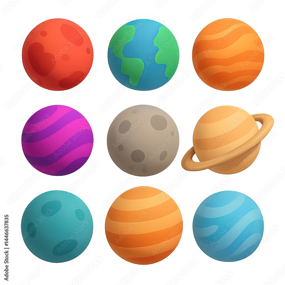 Poster colorful 3d isolated planets in simple style for creative use