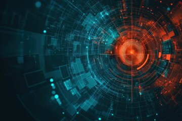 Abstract digital network design, intricate interconnected circuitry, swirling patterns of teal and orange, central focused point, futuristic, complex technical elements