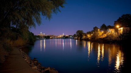 Obraz premium Night Cityscape River Reflection Urban Lights Calm Waters